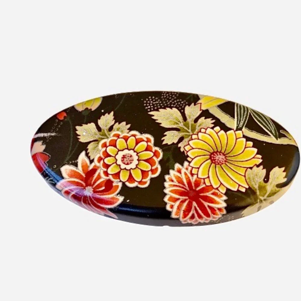 Plastic Lacquer Trinket Box with Lid Vintage Black Flowers
